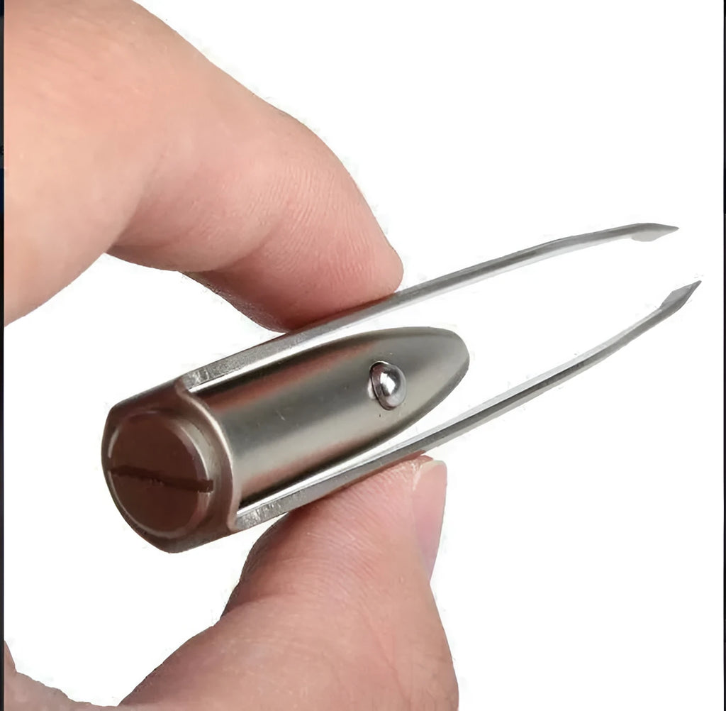 Stainless steel LED beauty tweezers with on/off button, shown with dimensions 8.5cm long.