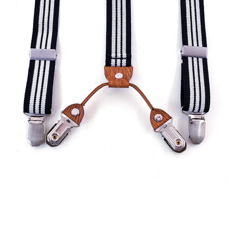Children's wooden bow tie set with striped suspenders and belt on a boy for wedding