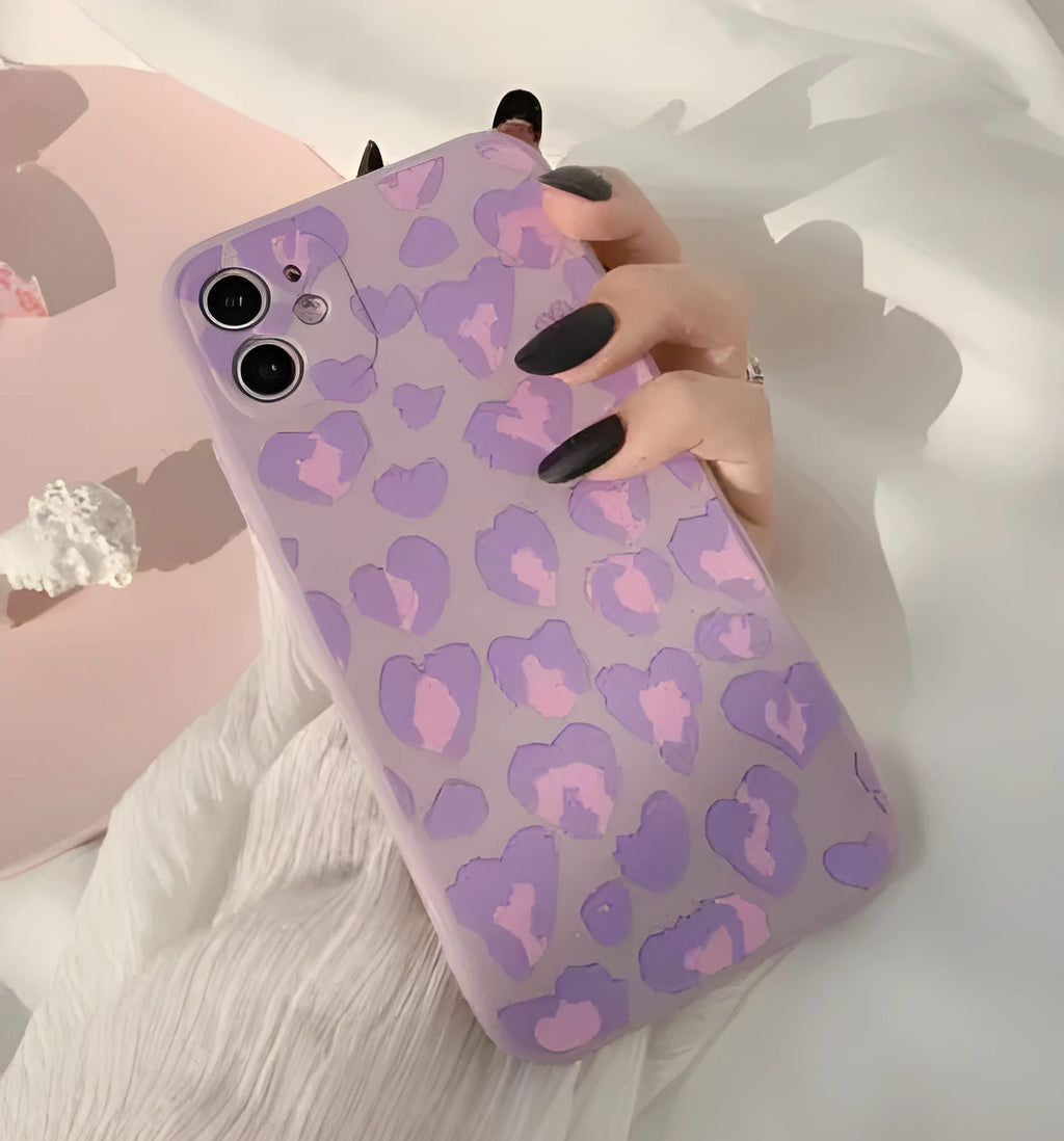 Frosted silicone Apple iPhone back cover in Purple Leopard, painted finish, fits models 7 to 13 Pro.