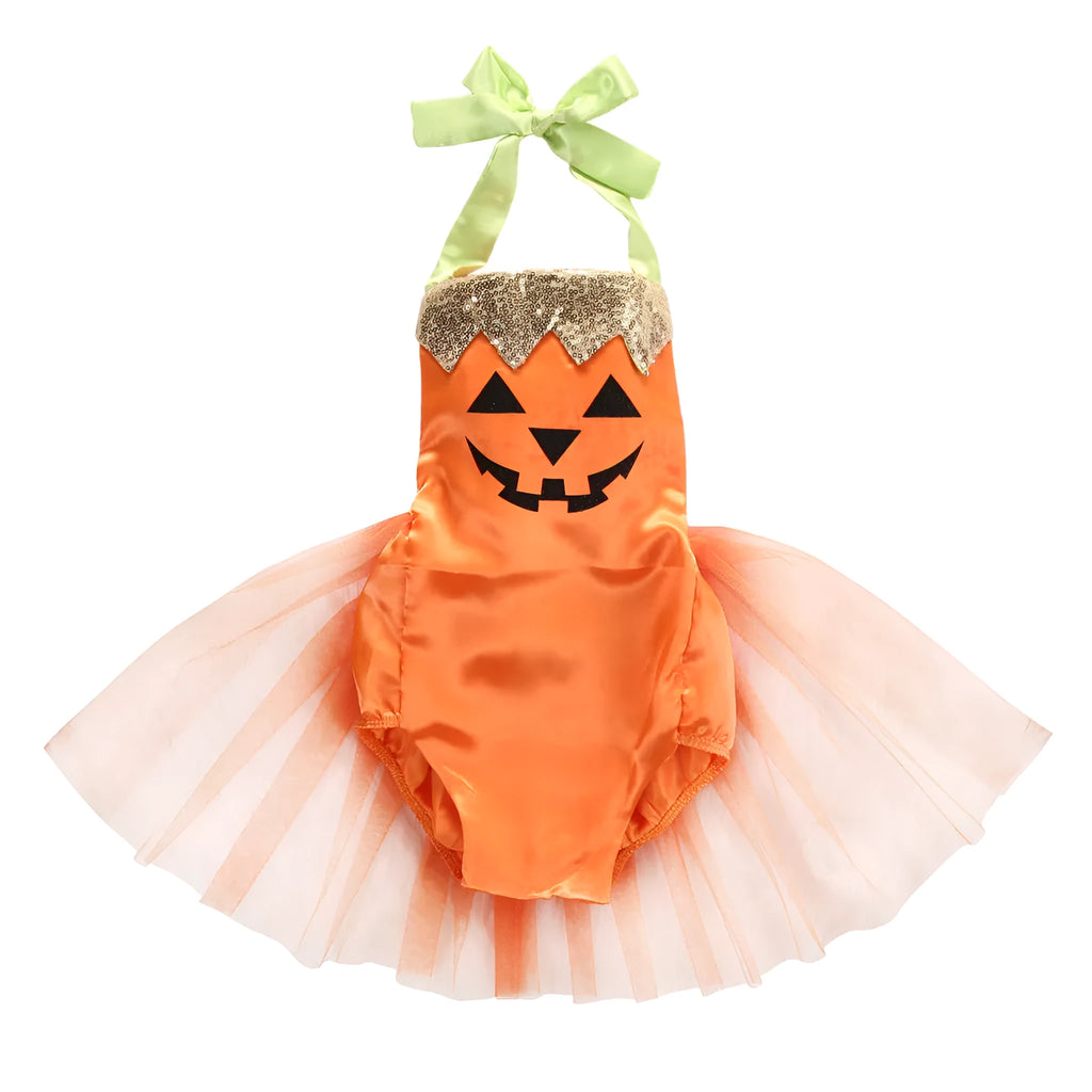 Children's orange Halloween gauze jumpsuit with cartoon dot pattern and voluminous pleated skirt on a white background