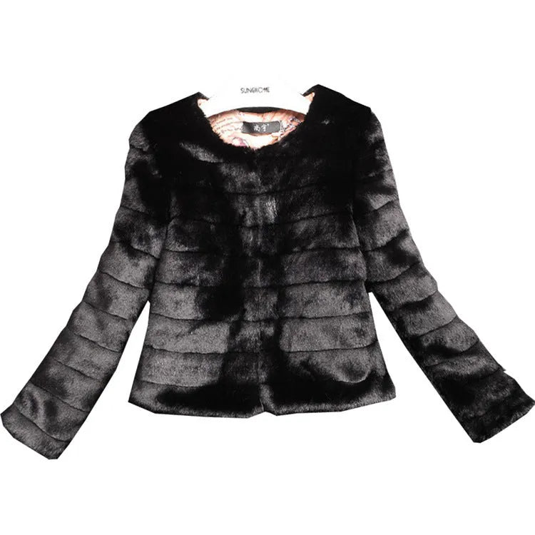 Women's short length faux fur top in beige on a model, showing regular sleeves and street fashion style.