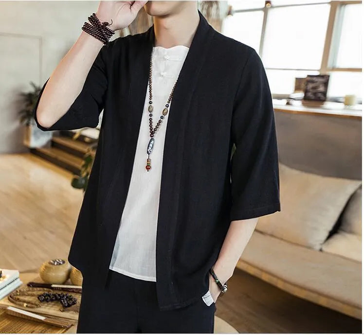 Men's Chinese style cotton linen cardigan shirt with seven-point sleeves, stand collar, and lace-up front in black or hemp colour.