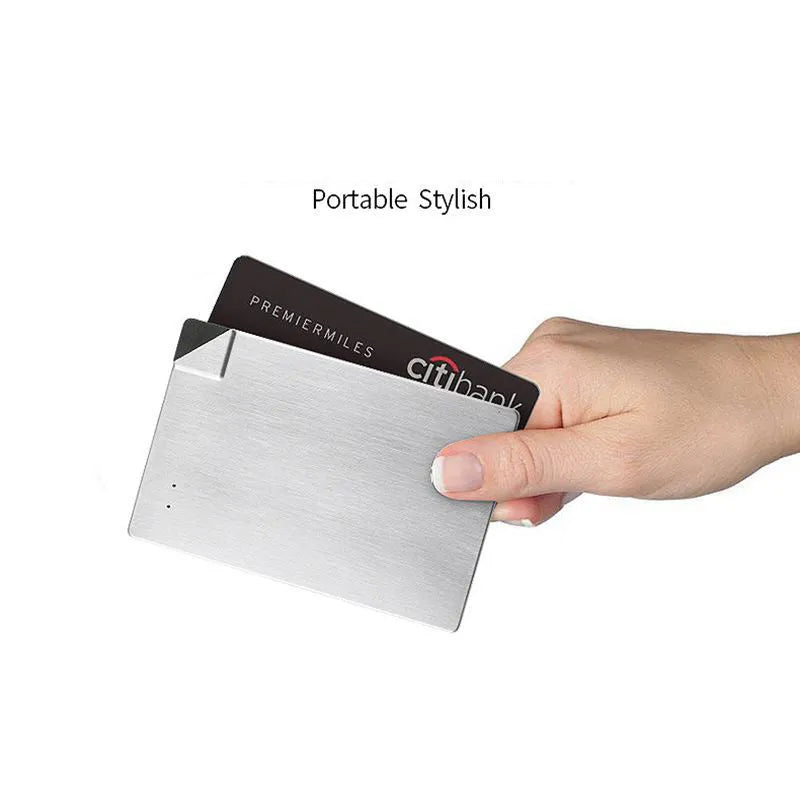 Silver ultra-thin graphene power bank measuring 140x72x4mm with 4000mAh capacity