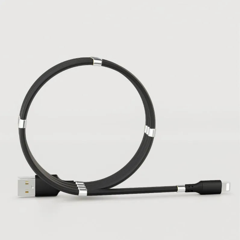 Black magnetic charging cable with multiple connector heads including USB-C, Micro USB and Apple-compatible 3.5mm