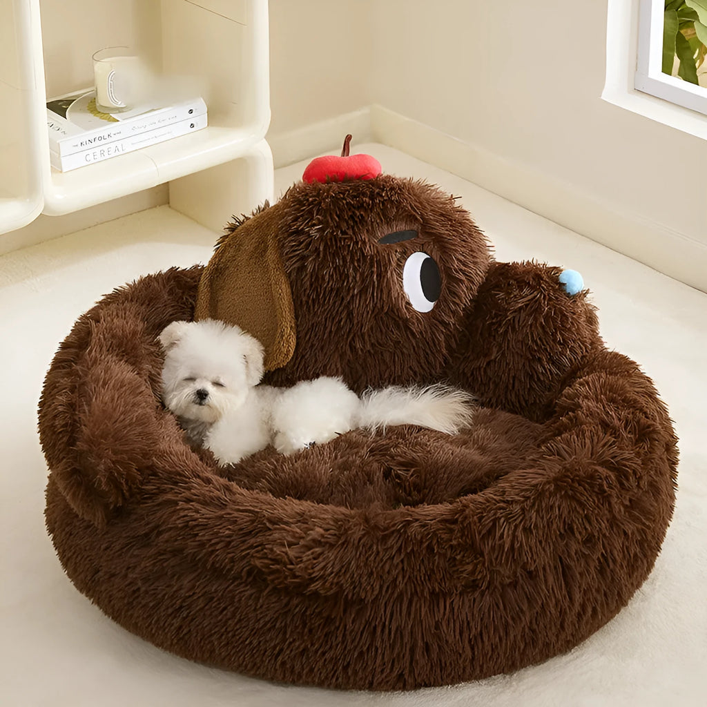 A plush grey sofa bed for small dogs or cats, shown in Medium and Large sizes.
