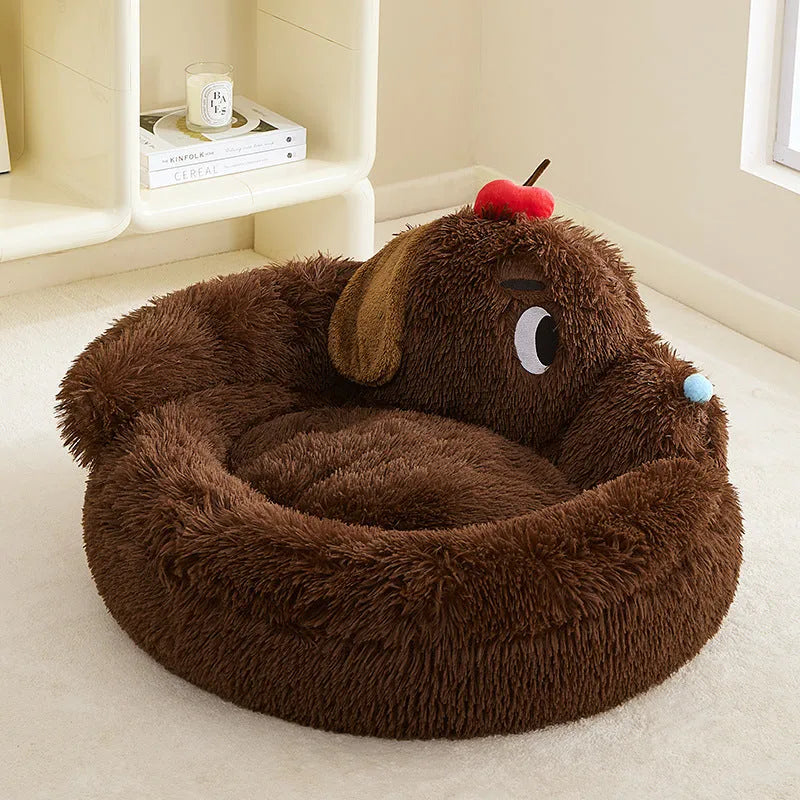 A plush grey sofa bed for small dogs or cats, shown in Medium and Large sizes.