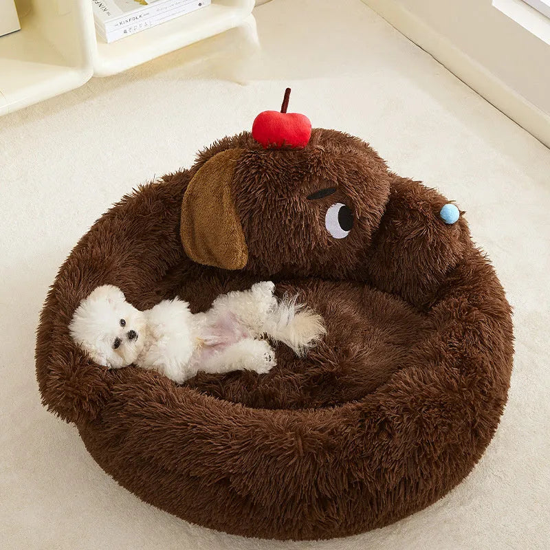 A plush grey sofa bed for small dogs or cats, shown in Medium and Large sizes.