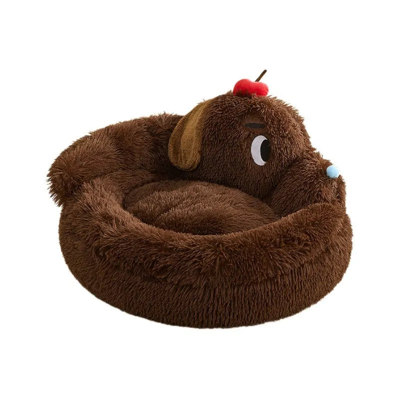 A plush grey sofa bed for small dogs or cats, shown in Medium and Large sizes.