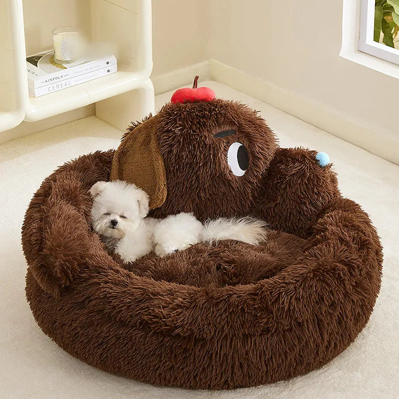 A plush grey sofa bed for small dogs or cats, shown in Medium and Large sizes.