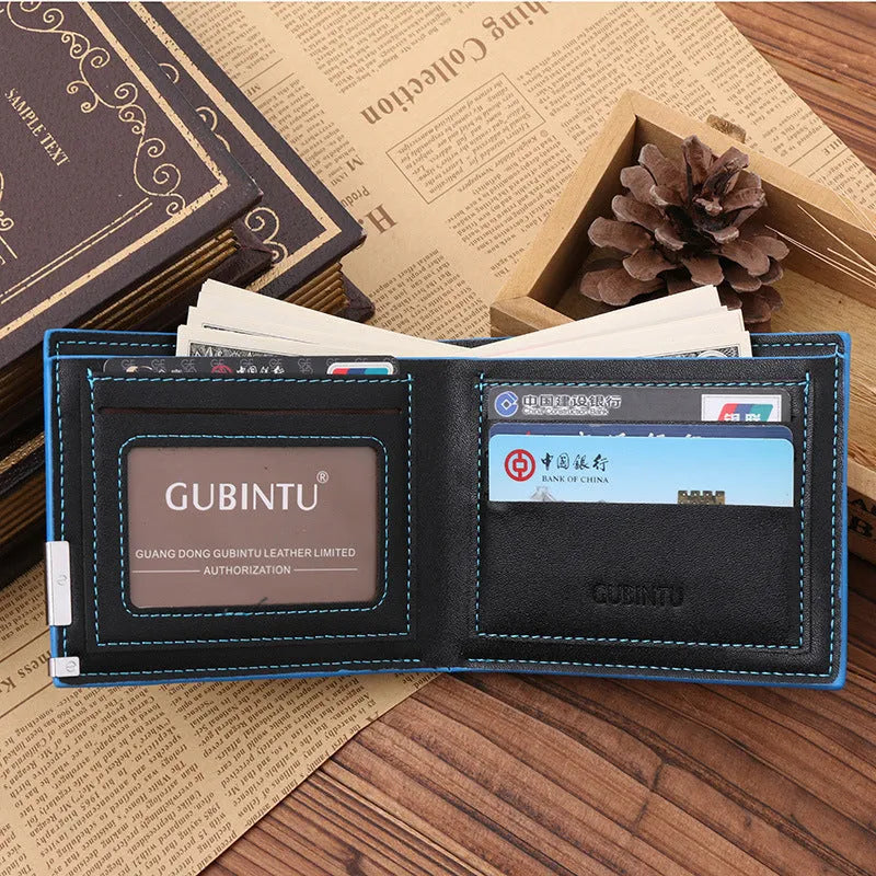 PU leather man wallet in black with blue edge, showing card slots and bill compartments