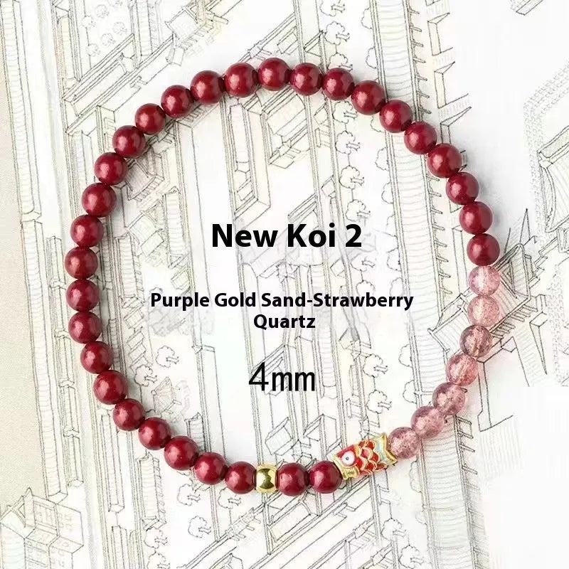 Purple cinnabar and strawberry quartz women's bracelet with lucky koi peach blossom charm