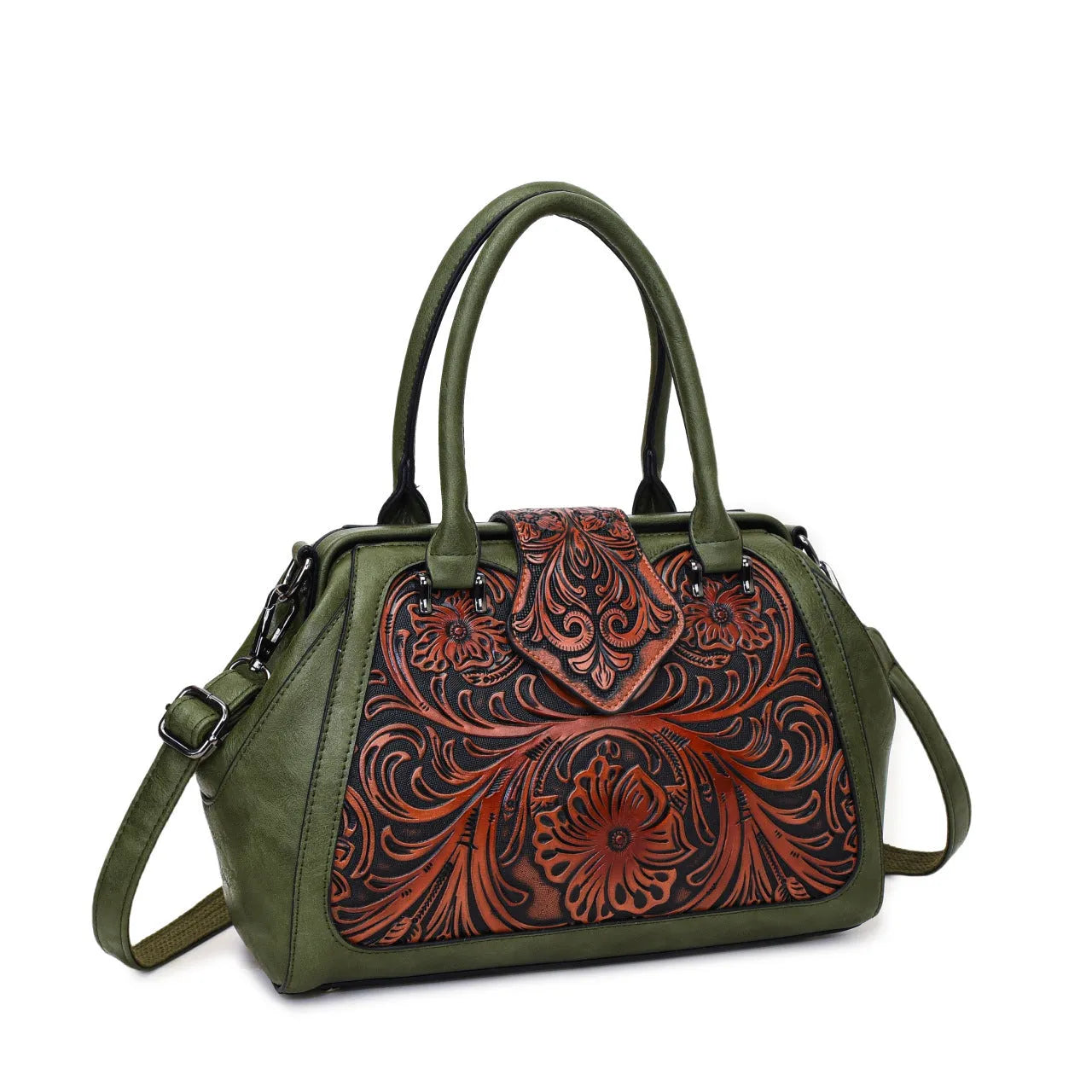 Handmade carved one-shoulder women's PU leather bag in beige with retro embossed pattern and pillow shape