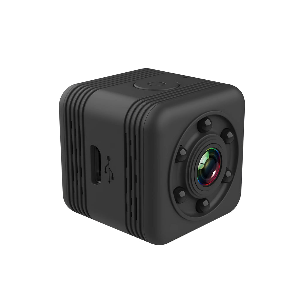 Black SQ29 waterproof sports camera with MicroUSB port and TF card slot.