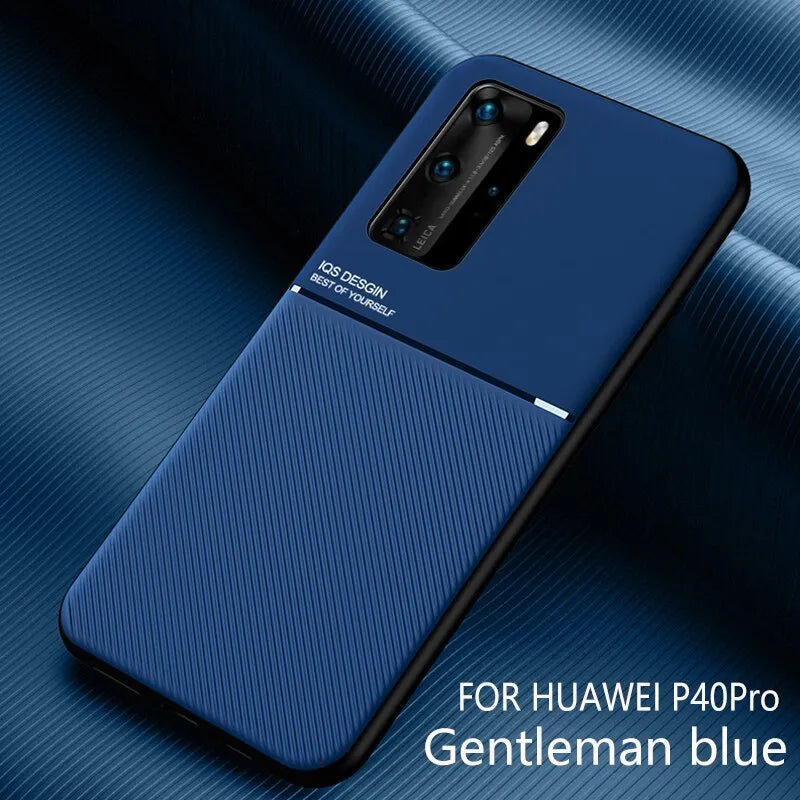 Magnetic friction phone case for Huawei P30 Pro Mate 20 in black PU leather and iron sheet back cover