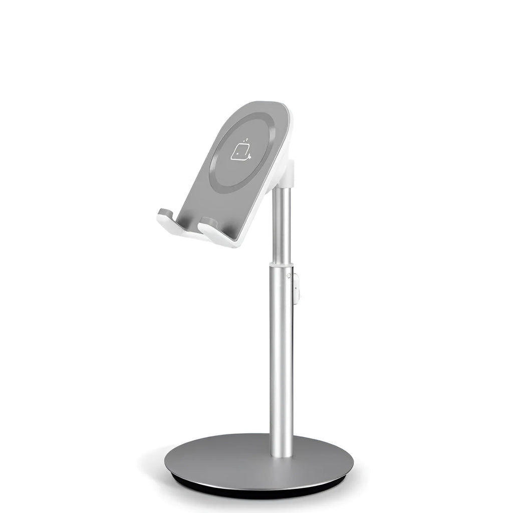 Silver metal S1 computer phone holder supporting tablet on desktop
