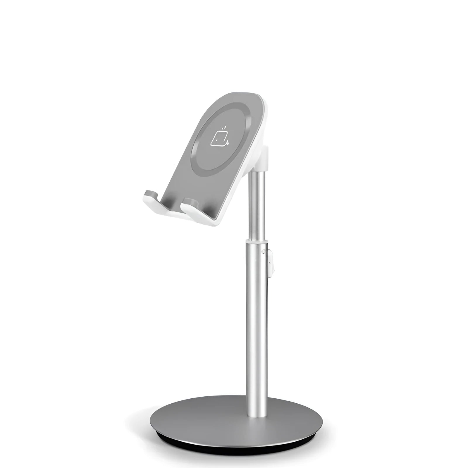 Silver metal S1 computer phone holder supporting tablet on desktop