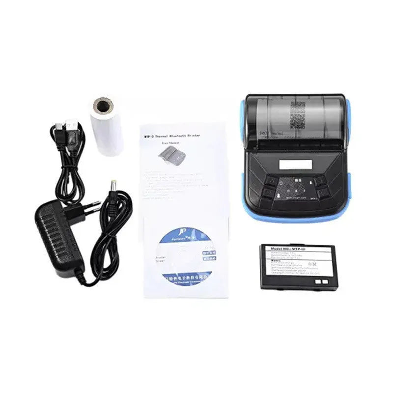 Thermal Bluetooth handheld bill printer with 80mm paper roll and blue light on top
