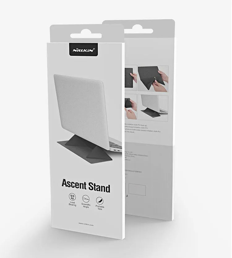 Blue foldable laptop cooling stand with anti-slip surface, shown open and closed, next to a laptop.