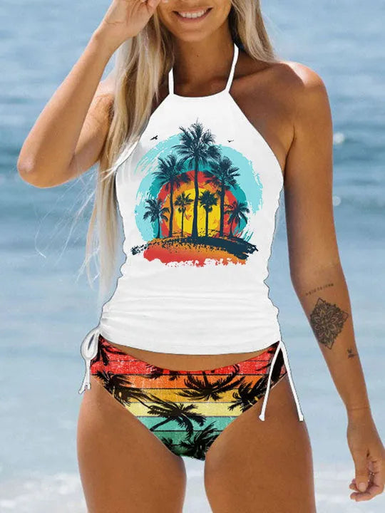 Conservative style women's swimsuit with colourful cartoon print and matching shorts.