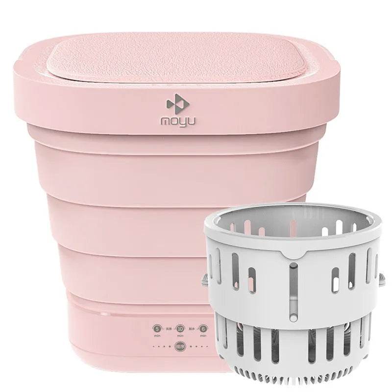 Portable mini folding bucket washing machine in pink and white with ABS and silicone construction, 292x292x288mm