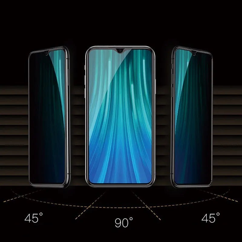 Anti-spy privacy screen protector film for Xiaomi Redmi and Poco mobile phones on a table.