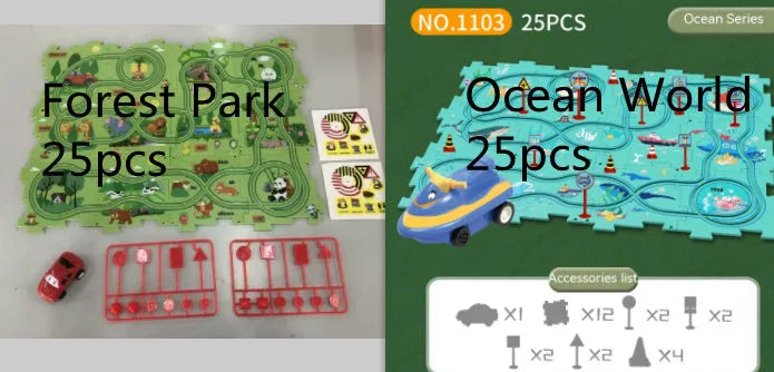 Children puzzle electric railroad speeder with DIY assembly track and automatic car, dinosaur theme