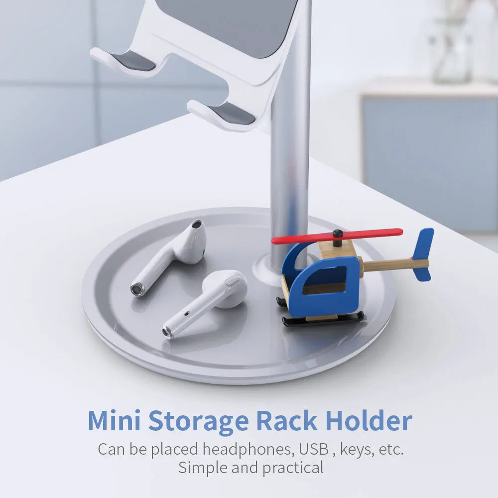Aluminium alloy mobile phone and tablet stand in black or white on a desk