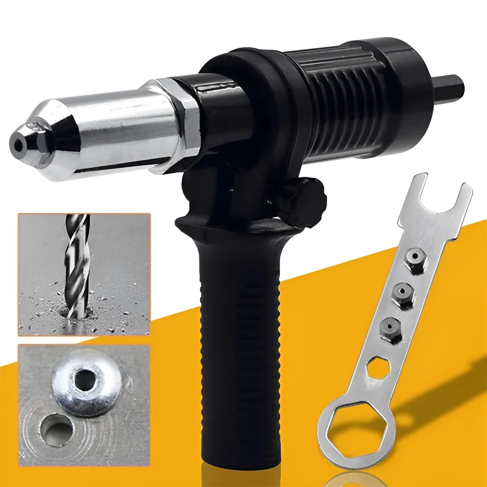 Black metal electric drill rivet gun attachment with wrench and four rivet heads.