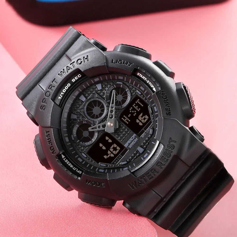 Women's multifunctional waterproof sports digital watch in resin and stainless steel, shown in pink with a simple fashion style.