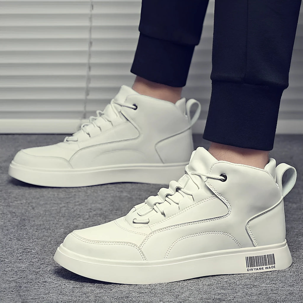 Men's white mid-top casual lace-up board shoes with a round toe and flat rubber sole.