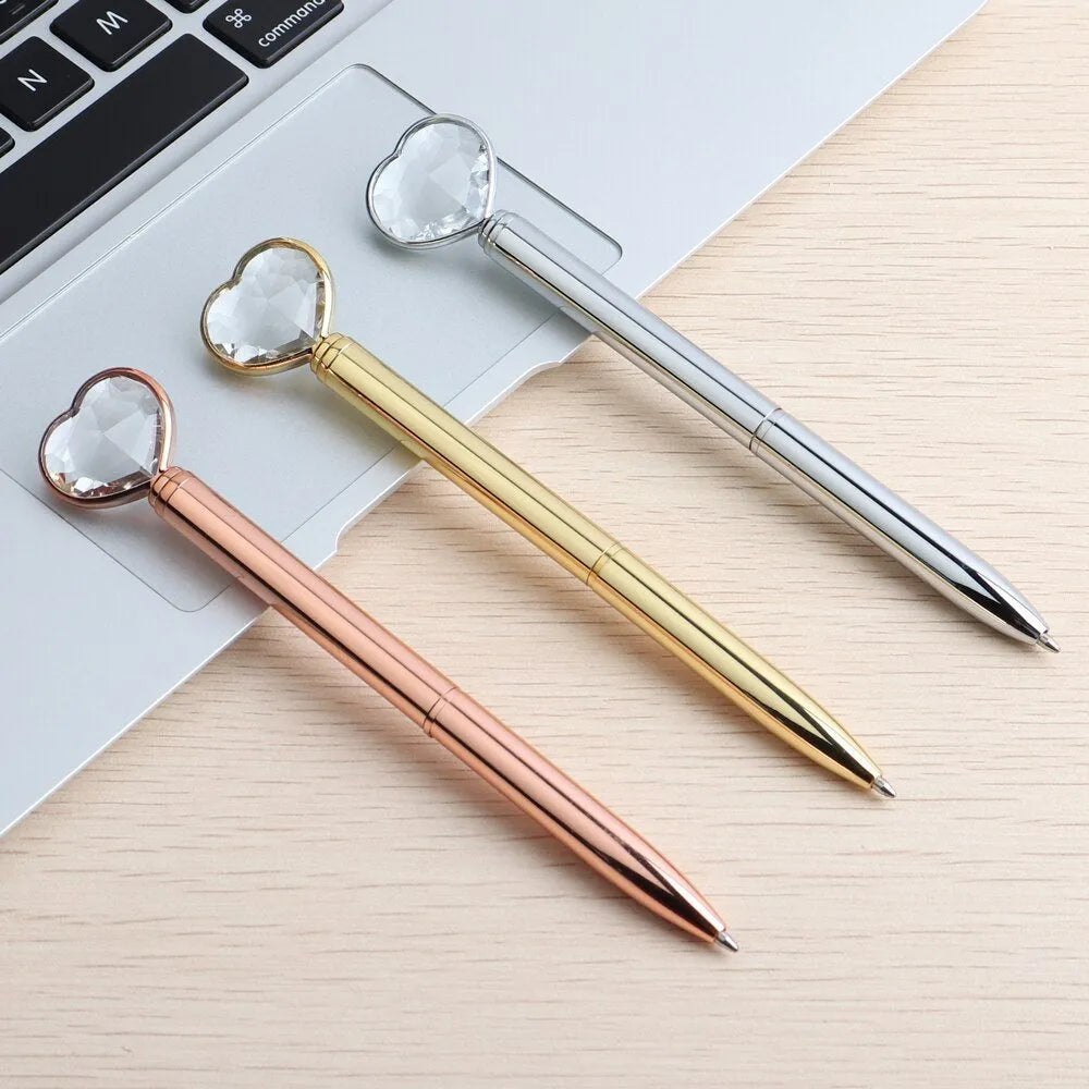 Creative Crystal Love Ball Diamond Metal Pen in golden, rose gold, and silver finishes showing decorative pattern