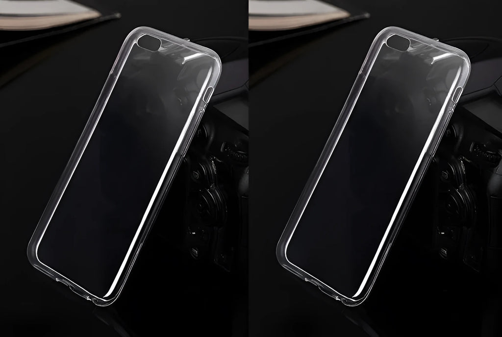 Transparent TPU soft shell protective case for various iPhone models on a table.