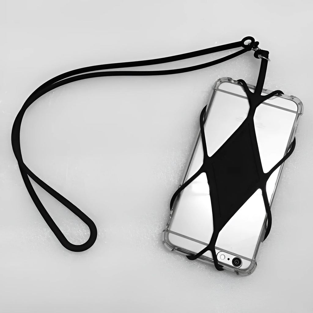 Universal silicone phone case with lanyard, fits 4 to 6.5 inch phones, available in multiple colours including black, white, red, orange, blue, green, and pink.