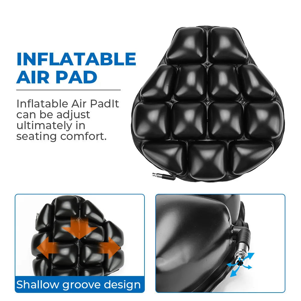Black motorcycle seat cushion with 3D mesh cover and TPU airbag, L size 30x31 cm