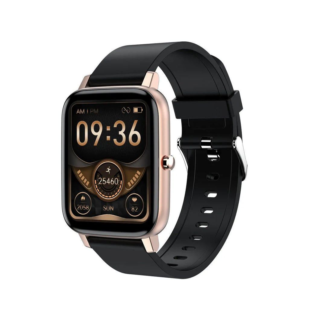H80 black smart watch on wrist showing heart rate graph on its 1.69-inch spherical tempered glass screen.