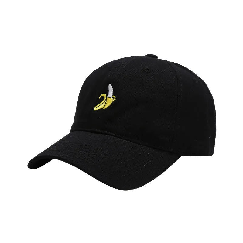 Soft top curved baseball cap with fruit banana embroidery in adjustable polyester construction