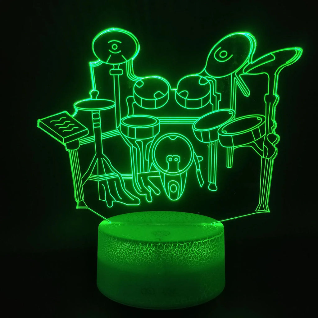 3D acrylic drum kit night light with remote control showing seven colour options