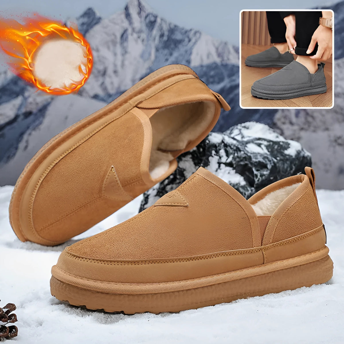 Men's V-cut fleece snow boots in suede with non-slip sole, black colour, side view