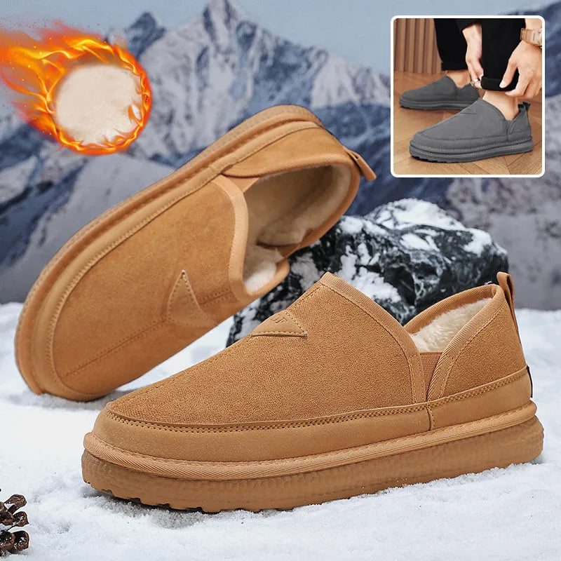 Men's V-cut fleece snow boots in suede with non-slip sole, black colour, side view
