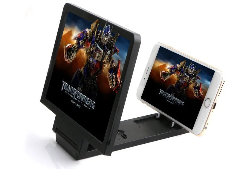 Foldable smartphone screen amplifier showing black and white colour options with 18x12cm dimensions