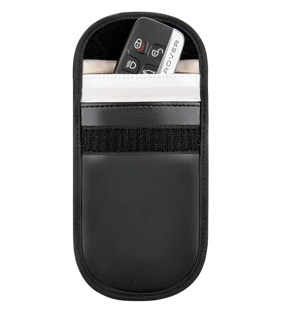 Black microfiber Faraday cage signal blocker bag for car key fobs and RFID cards.