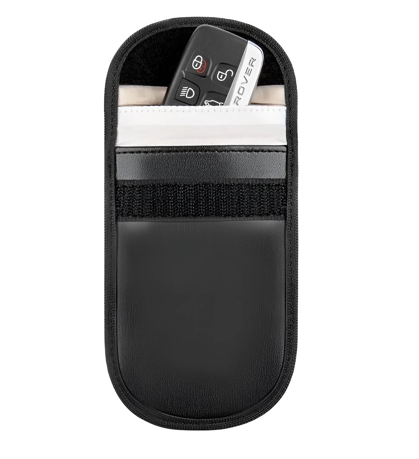 Black microfiber Faraday cage signal blocker bag for car key fobs and RFID cards.