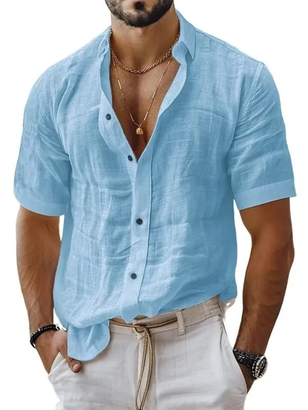Men's short sleeve lapel shirt in blended cotton linen fabric shown in solid colour options