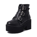 Black women's punk gothic Martin boots with bat buckle and side zip.