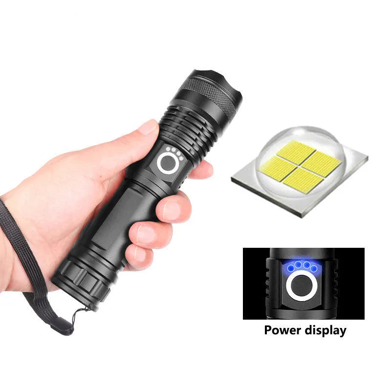USB Charging Zoom P50 Flashlight with telescopic zoom, XHP70 LED, and aluminium shell