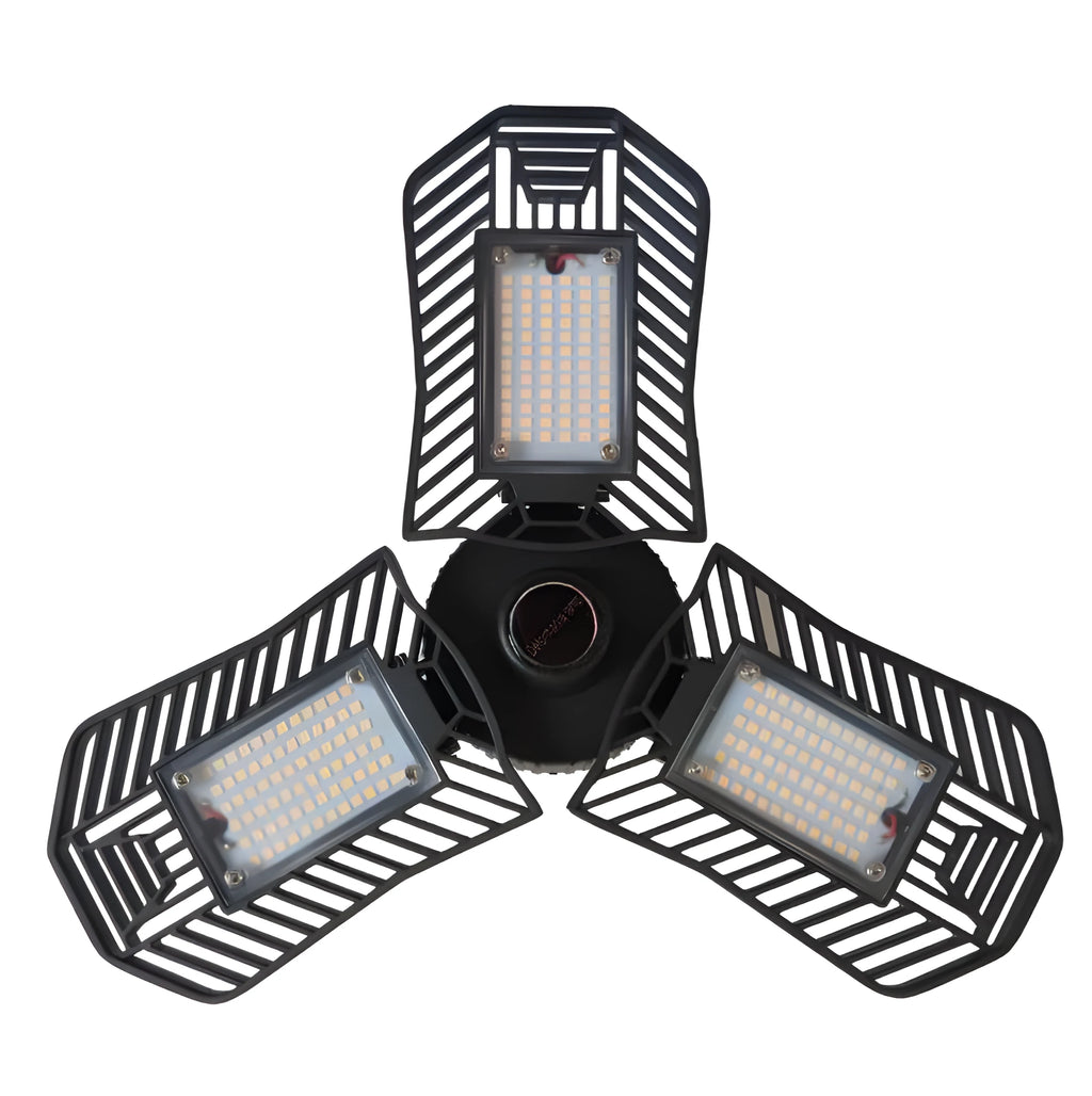 Waterproof industrial foldable garage LED lamp with die-cast aluminium housing.