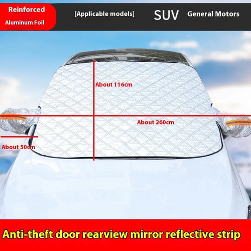 Aluminium foil car cover with reflective edge stripes and magnetic attachments for SUV windshield winter protection