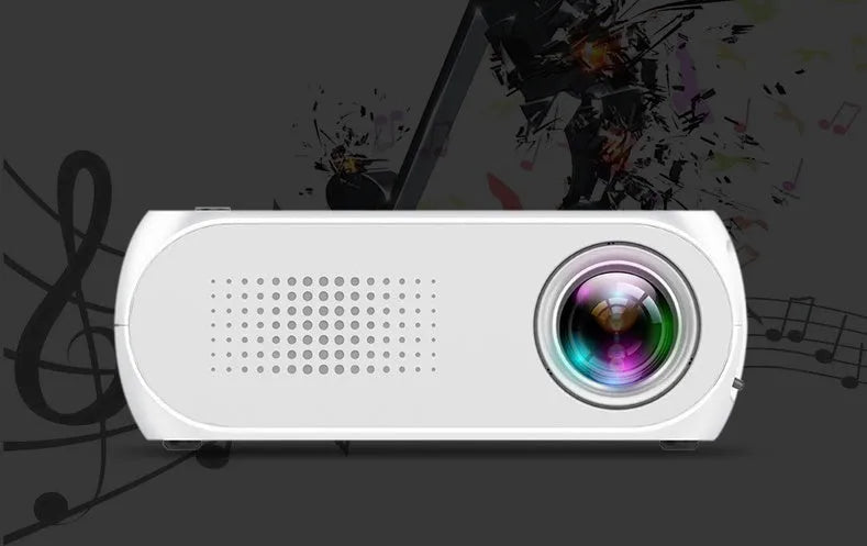 Mini HD 1080P projector with LED lens, 20-80 inch projection, black grey white, US EU style.