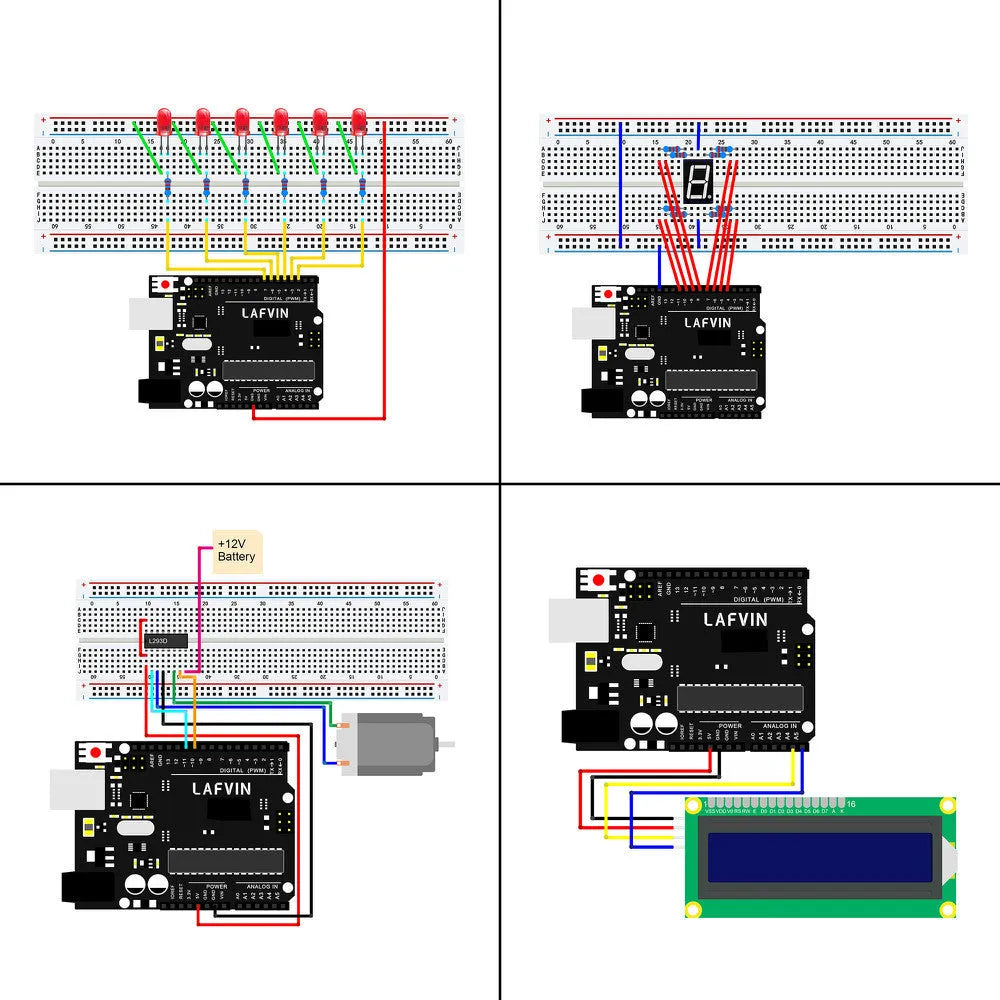 LAFVIN Arduino UNO R3 Super Starter Kit with blue board, breadboard, jumper wires, sensors, and motors laid out.