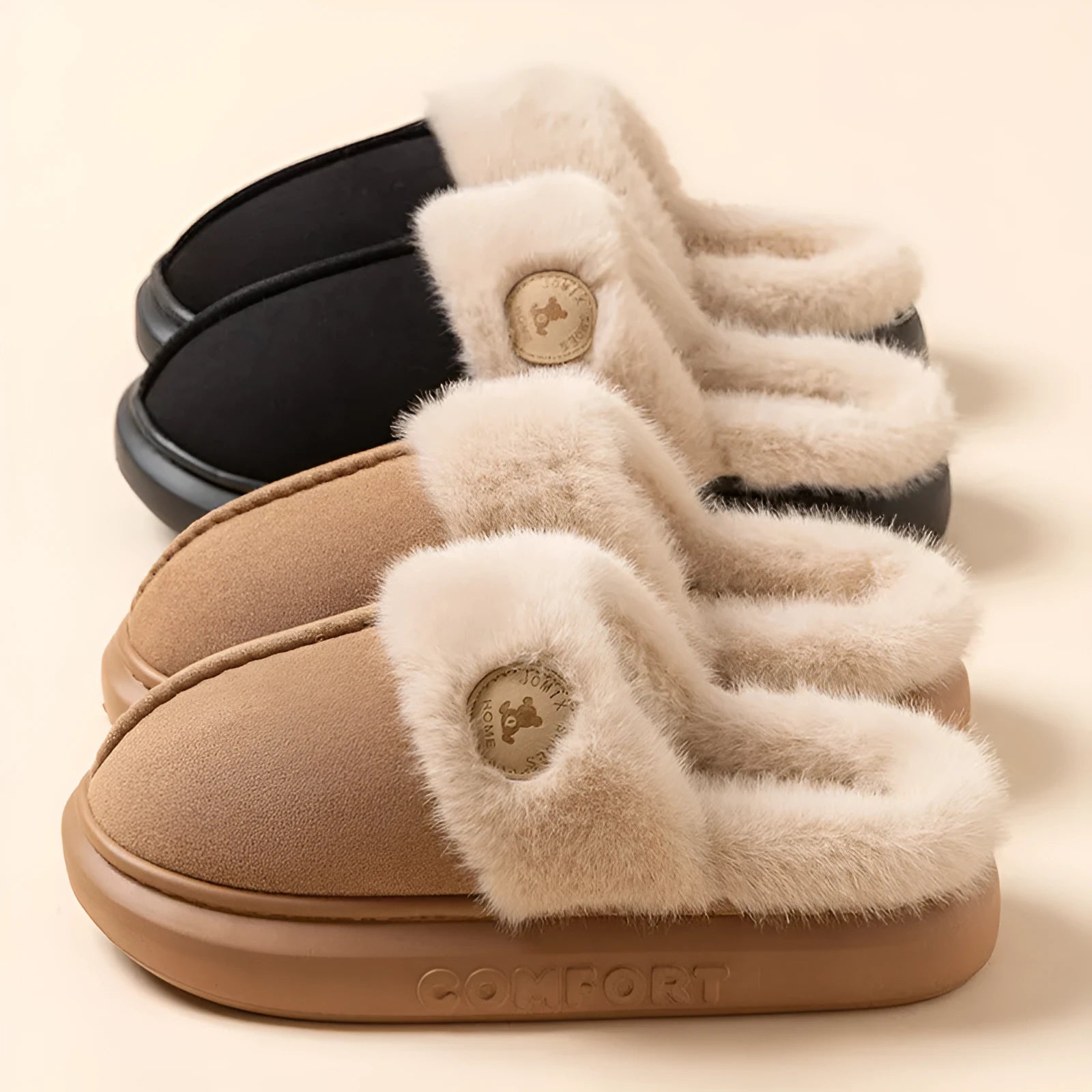 Winter warm plush slippers with thick PVC soles and fleece construction in multiple colours